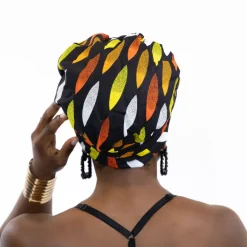 Easy headwrap / hoofddoek - Satijnen binnenkant - Zwart / gele sunburst