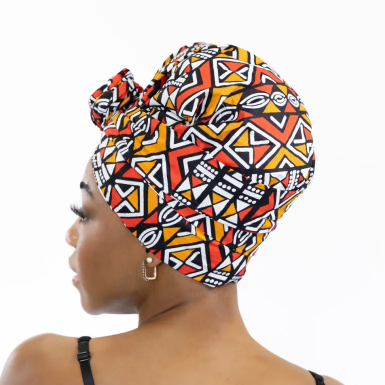 Easy headwrap / hoofddoek - Satijnen binnenkant - Rood / Oranje Bogolan