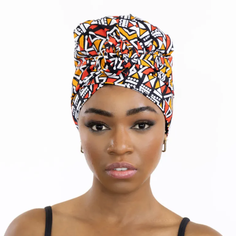Easy headwrap / hoofddoek - Satijnen binnenkant - Rood / Oranje Bogolan