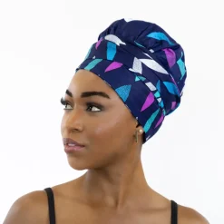 Easy headwrap / hoofddoek - Satijnen binnenkant - Blauw / roze sunburst