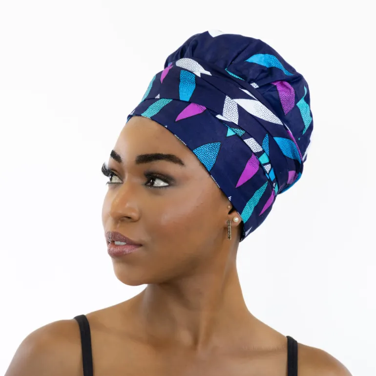 Easy headwrap / hoofddoek - Satijnen binnenkant - Blauw / roze sunburst
