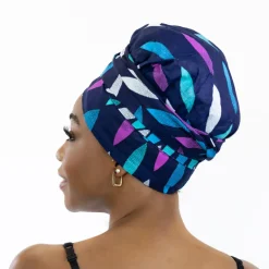 Easy headwrap / hoofddoek - Satijnen binnenkant - Blauw / roze sunburst