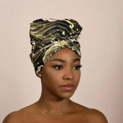Easy headwrap / hoofddoek - Satijnen binnenkant - Zwart / crèmekleur