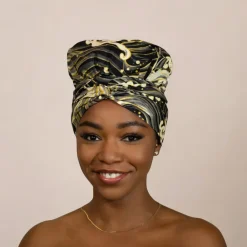 Easy headwrap / hoofddoek - Satijnen binnenkant - Zwart / crèmekleur