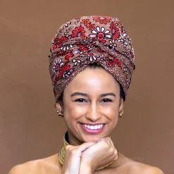 Easy headwrap / hoofddoek - Satijnen binnenkant - Rode flowerfields