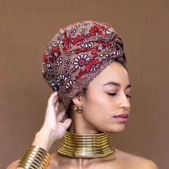 Easy headwrap / hoofddoek - Satijnen binnenkant - Rode flowerfields