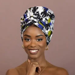 Easy headwrap / hoofddoek - Satijnen binnenkant - Blauw / wit
