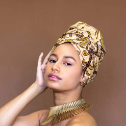 Easy headwrap / hoofddoek - Satijnen binnenkant - Beige / Gele Leaf branch