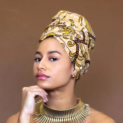 Easy headwrap / hoofddoek - Satijnen binnenkant - Beige / Gele Leaf branch