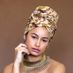 Easy headwrap / hoofddoek - Satijnen binnenkant - Beige / Gele Leaf branch