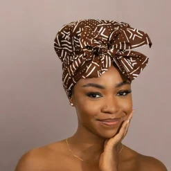 Easy headwrap / hoofddoek - Satijnen binnenkant - Bruine X Bogolan