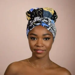 Easy headwrap / hoofddoek - Satijnen binnenkant - Blauw / beige