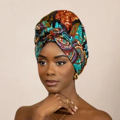 Easy headwrap / hoofddoek - Satijnen binnenkant - Turquoise Multicolor