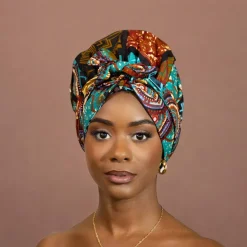 Easy headwrap / hoofddoek - Satijnen binnenkant - Turquoise Multicolor