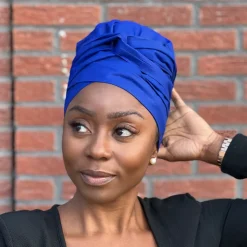 Easy headwrap / hoofddoek - Satijnen binnenkant - Blauw - Katoen