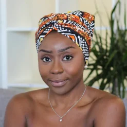 Easy headwrap / hoofddoek - Satijnen binnenkant - Oranje / wit Chidinma