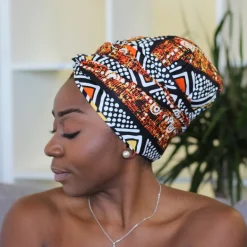 Easy headwrap / hoofddoek - Satijnen binnenkant - Oranje / wit Chidinma