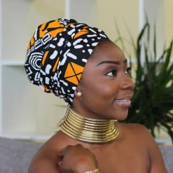 Easy headwrap / hoofddoek - Satijnen binnenkant - Zwart / oranje Amaka