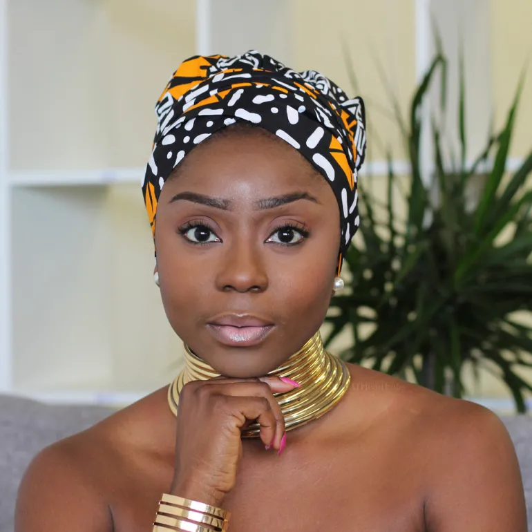 Easy headwrap / hoofddoek - Satijnen binnenkant - Zwart / oranje Amaka