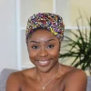 Easy headwrap / hoofddoek - Satijnen binnenkant - Geel / paarse Tribal print