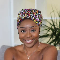 Easy headwrap / hoofddoek - Satijnen binnenkant - Geel / paarse Tribal print