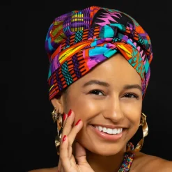 Easy headwrap / hoofddoek - Satijnen binnenkant - Kente Paars / Roze