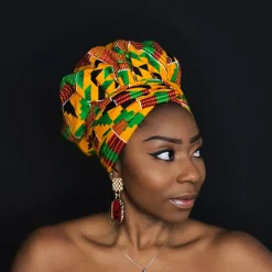 Easy headwrap / hoofddoek - Satijnen binnenkant - Geel / groene Kente