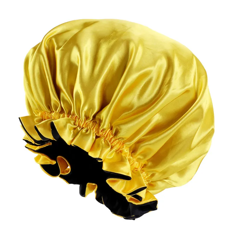 Gele / Zwarte Satijnen Slaapmuts met randje / Reversible Satin Hair Bonnet / Haar bonnet van Satijn