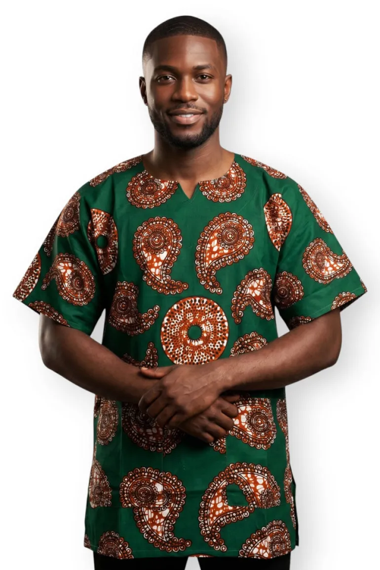 Groen Bruin Paisley Sun Dashiki Shirt / Dashiki Jurk - Afrikaans shirt - Unisex