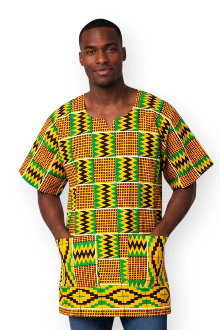 Groen Geel Kente Dashiki Shirt / Dashiki Jurk - Afrikaans shirt - Unisex