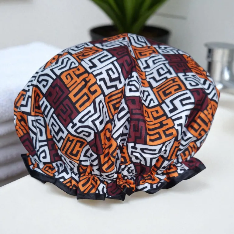 GROTE Douchemuts / Shower cap voor vol haar / krullen / afro - Bruin en geel-oranje Kuba Blocks Congo