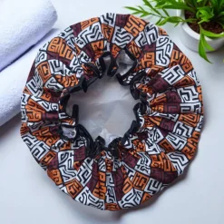 GROTE Douchemuts / Shower cap voor vol haar / krullen / afro - Bruin en geel-oranje Kuba Blocks Congo