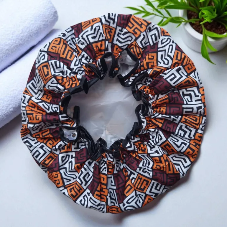 GROTE Douchemuts / Shower cap voor vol haar / krullen / afro - Bruin en geel-oranje Kuba Blocks Congo