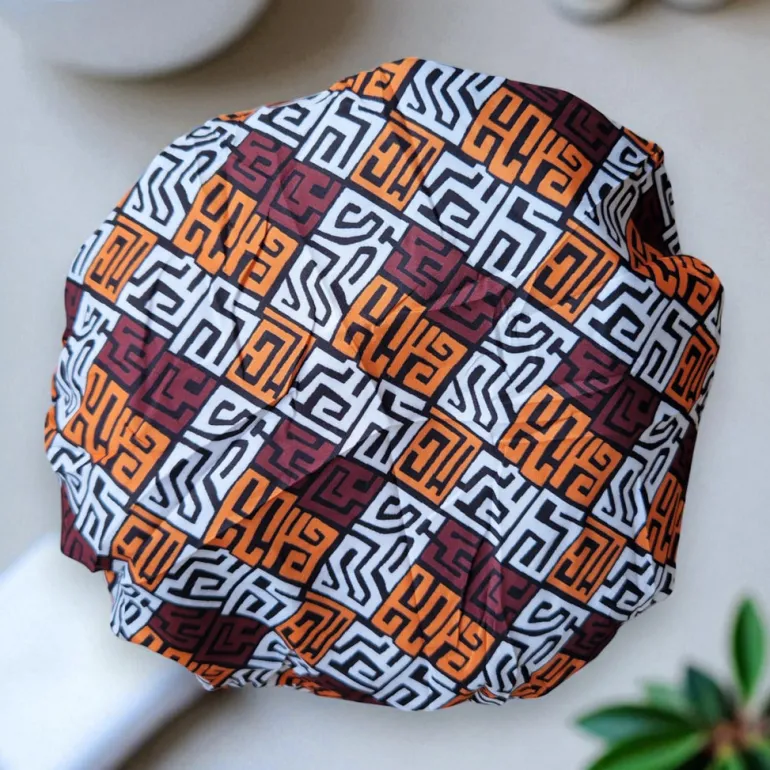 GROTE Douchemuts / Shower cap voor vol haar / krullen / afro - Bruin en geel-oranje Kuba Blocks Congo