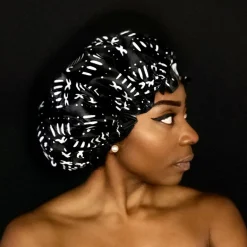 GROTE Douchemuts / Shower cap voor vol haar / krullen / afro - Zwart Witte bogolan