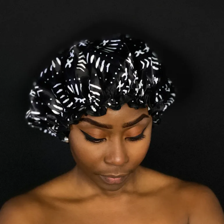 GROTE Douchemuts / Shower cap voor vol haar / krullen / afro - Zwart Witte bogolan