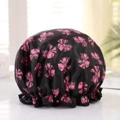 GROTE Douchemuts / Shower cap voor vol haar / krullen / afro - Zwart met roze strikjes