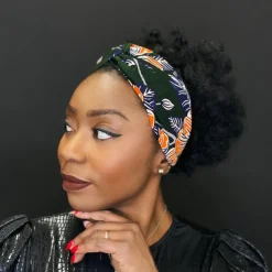 Haarband / Hoofdband in Afrikaanse print - Volwassenen - Donkergroene Oranje bloemen - met goud verfraaid - Brillant Platinum Edition