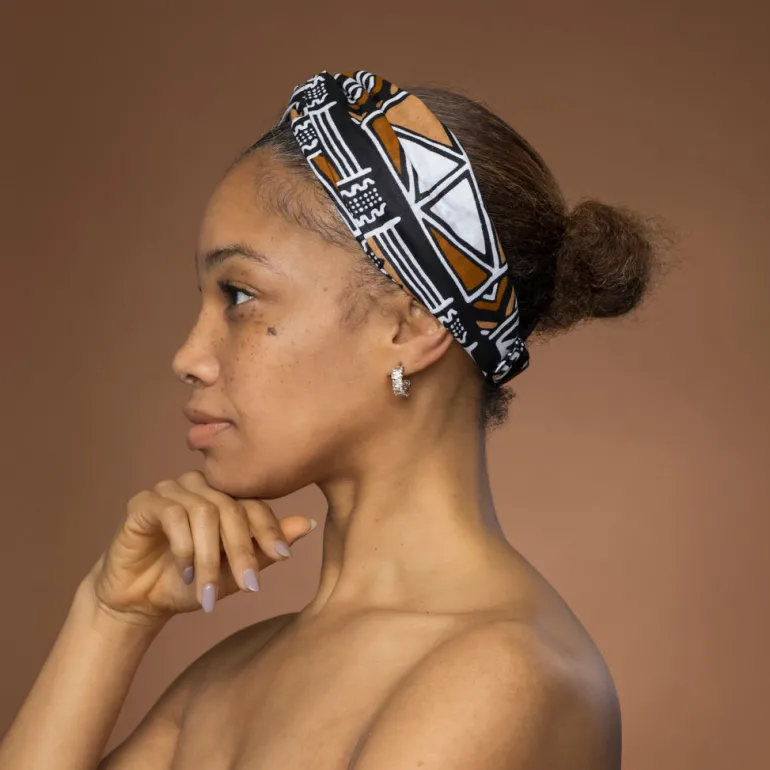 Haarband / Hoofdband in Afrikaanse print - Bruin Beige Bogolan Symbols