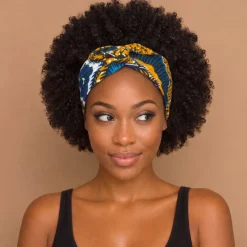 Haarband met buigbare metaaldraad - Mosterd Blauw African print cotton