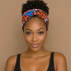 Haarband met buigbare metaaldraad - Blauw Oranje African print cotton