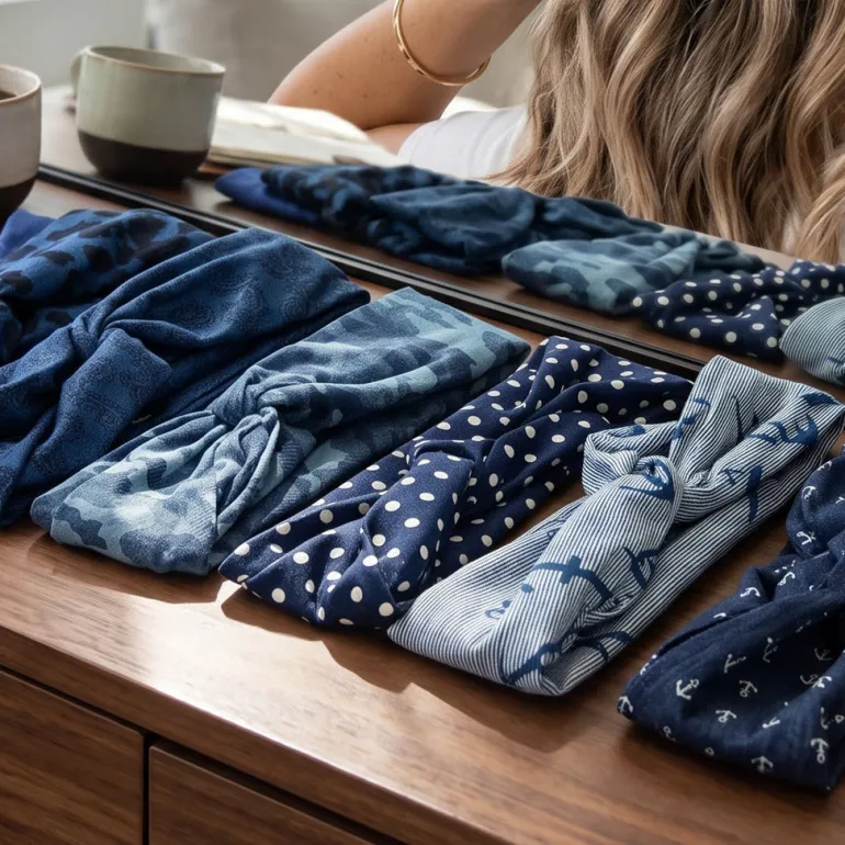 Haarband met buigbare metaaldraad - Blauw Jeanslook