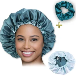 Haar Bonnet van Satijn - Satijnen Slaapmuts / Satin hair bonnet - Groen + Satijnen scrunchie