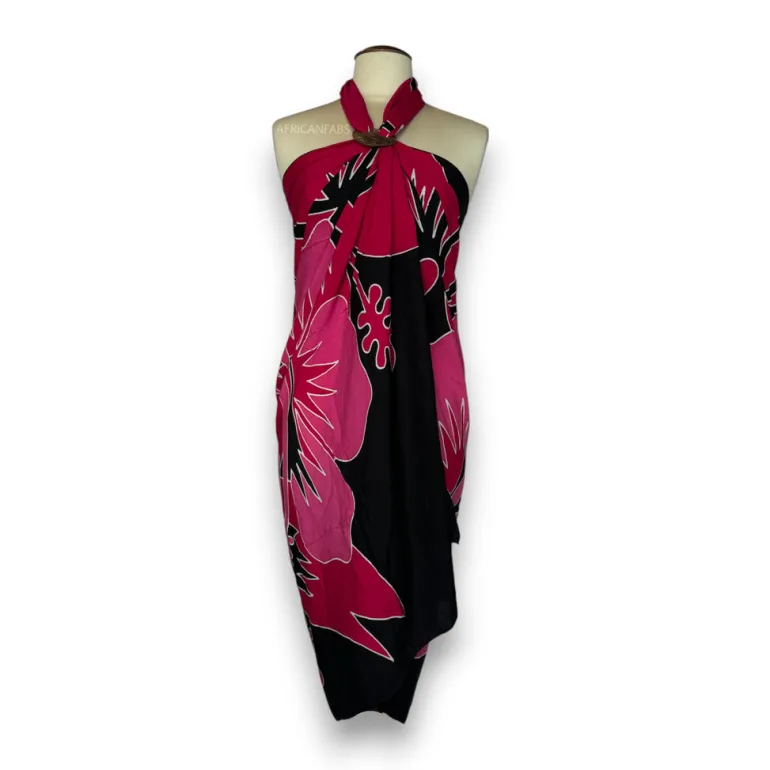Handgeschilderd Sarong / pareo - Strandkleding wikkelrok - Zwart / rood hibiscus flower