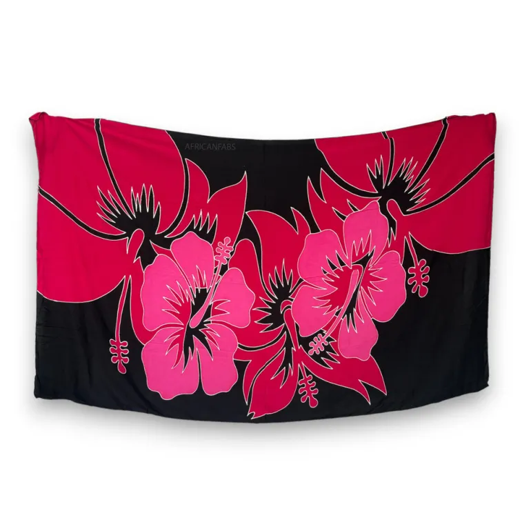 Handgeschilderd Sarong / pareo - Strandkleding wikkelrok - Zwart / rood hibiscus flower