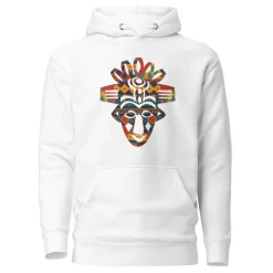 Hoodie - Unisex - Afrikaans masker in gekleurde print D027 (Hoodie in Zwart of Wit)