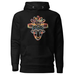 Hoodie - Unisex - Afrikaans masker in gekleurde print D027 (Hoodie in Zwart of Wit)