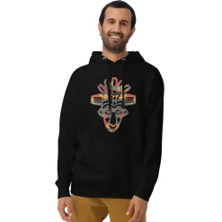 Hoodie - Unisex - Afrikaans masker in gekleurde print D027 (Hoodie in Zwart of Wit)
