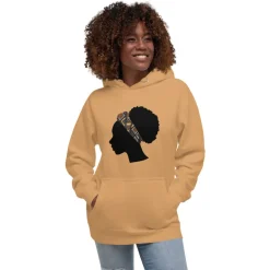Hoodie - Unisex - Hoofd met bruine bogolan haarband D004 (Hoodie beschikbaar in meerdere kleuren)