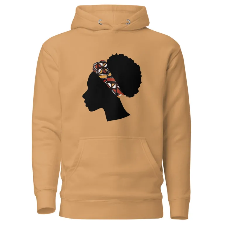 Hoodie - Unisex - Hoofd met oranje bogolan haarband D005 (Hoodie beschikbaar in meerdere kleuren)